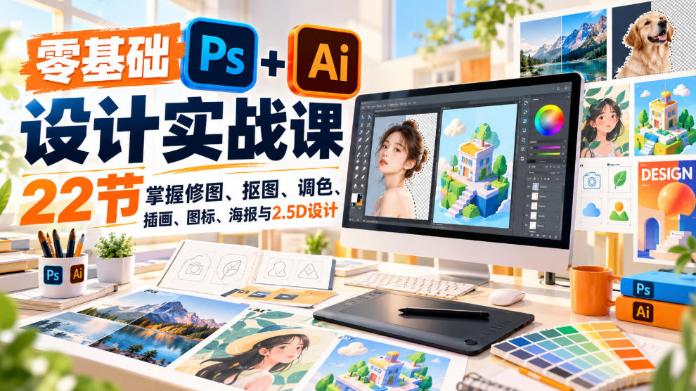 【无水印】零基础PS+AI设计实战课|22节掌握修图、抠图、调色、插画、图标、海报与2.5D设计-站长V课