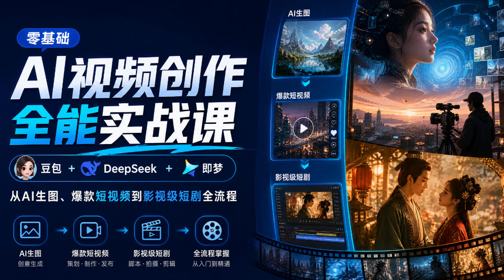 零基础AI视频创作全能实战课|豆包+DeepSeek+即梦,从AI生图、爆款短视频到影视级短剧全流程-站长V课