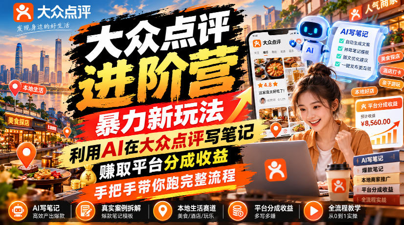 大众点评进阶营,暴力新玩法,利用AI在大众点评写笔记, 賺取平台分成收益,手把手带你跑完整流程-站长V课