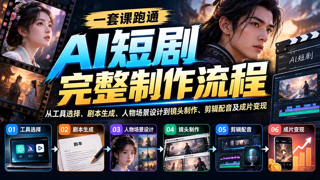 一套课跑通AI短剧完整制作流程:从工具选择、剧本生成、人物场景设计到镜头制作、剪辑配音及成片变现-站长V课