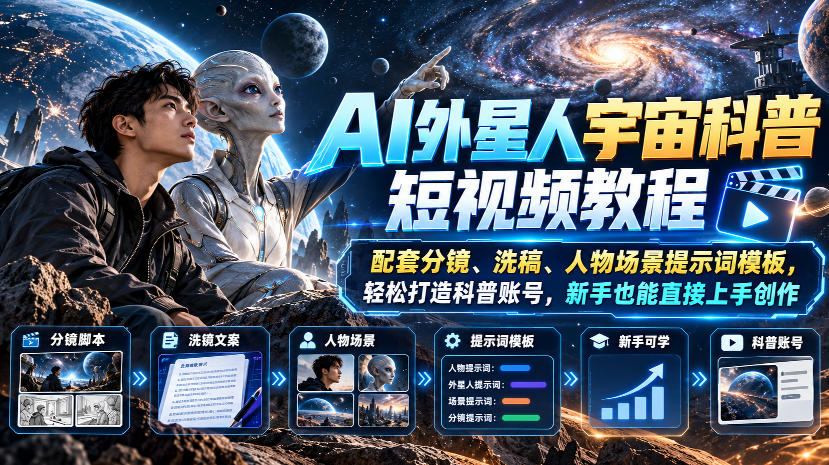 AI外星人宇宙科普短视频教程,配套分镜、洗稿、人物场景提示词模板,轻松打造科普账号,新手也能直接上手创作-站长V课
