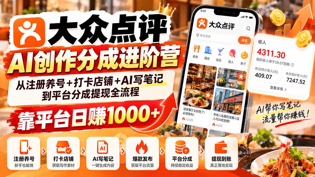 大众点评AI创作分成进阶营:从注册养号+打卡店铺+AI写笔记到平台分成提现全流程,靠平台日赚1000+-站长V课