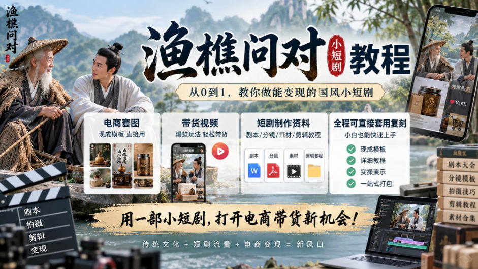 渔樵问对小短剧教程,包含电商套图、带货视频,短剧制作资料,全程可直接套用复刻-站长V课
