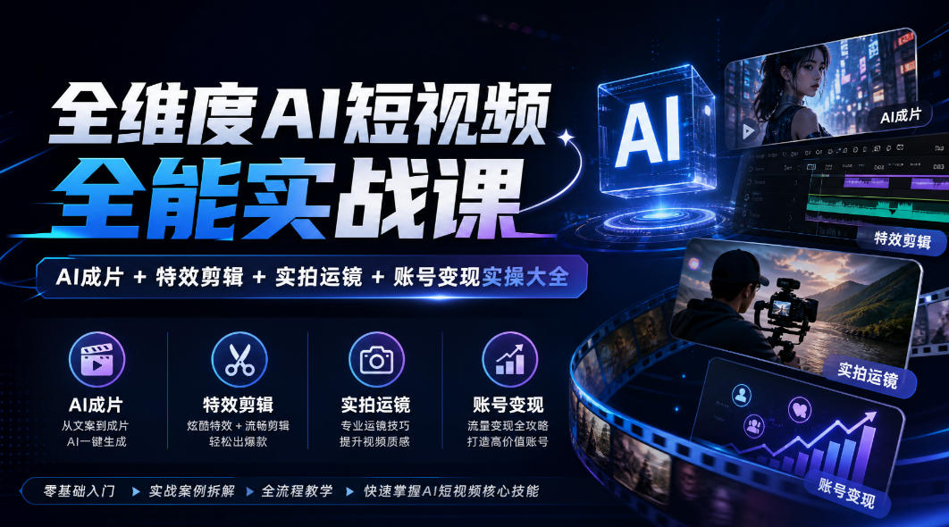 全维度AI短视频全能实战课,AI成片+特效剪辑+实拍运镜+账号变现实操大全-站长V课