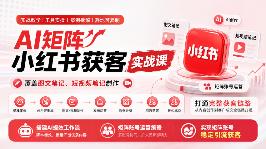 AI矩阵小红书获客实战课，覆盖图文笔记、短视频笔记制作，打通完整获客链路，搭建AI提效工作流，实现矩阵账号稳定引流获客-站长V课