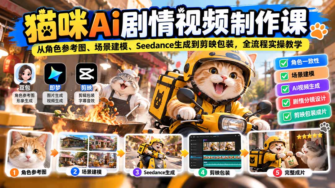 猫咪AI剧情视频制作课:从角色参考图、场景建模、Seedance生成到剪映包装,全流程实操教学-站长V课