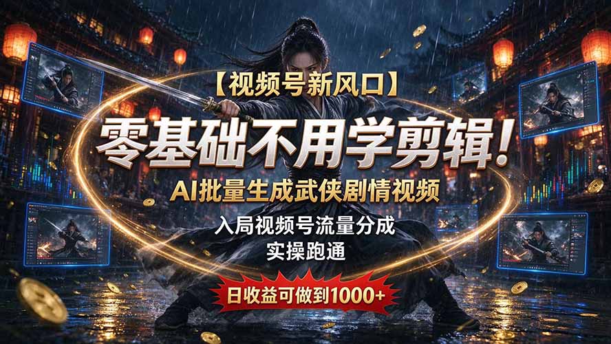 【视频号新风口】零基础不用学剪辑！AI 批量生成武侠剧情视频，入局视频号流量分成，实操跑通，日收益可做到 1000+-站长V课