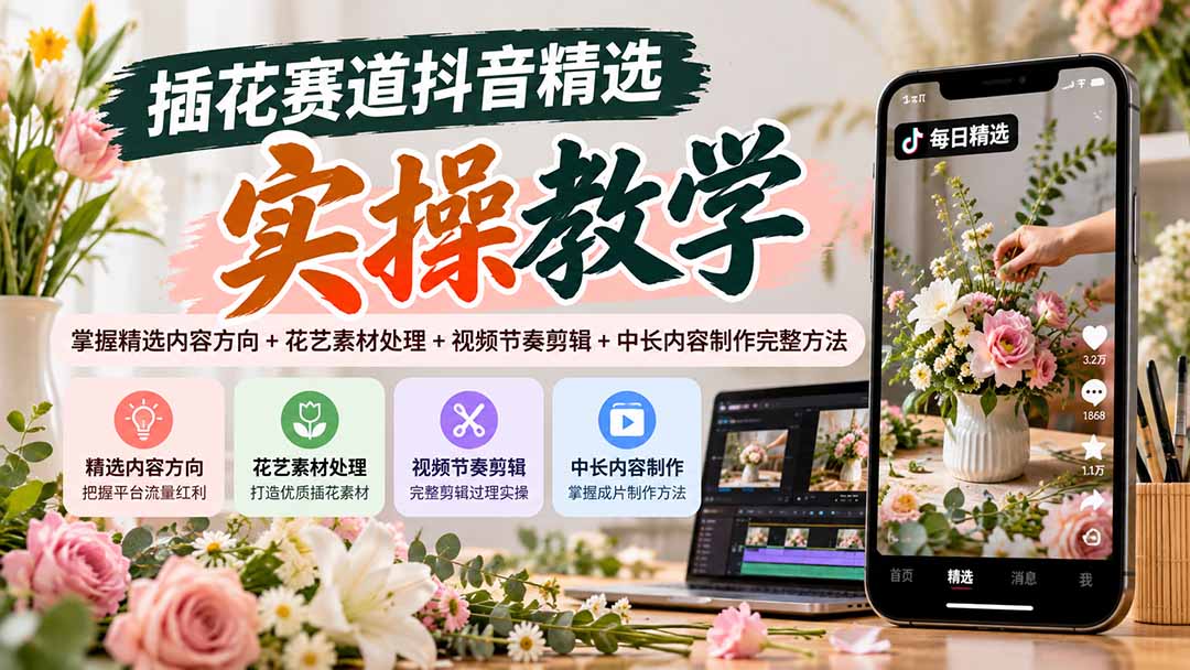 插花赛道抖音精选实操教学:掌握精选内容方向+花艺素材处理+视频节奏剪辑+中长内容制作完整方法-站长V课
