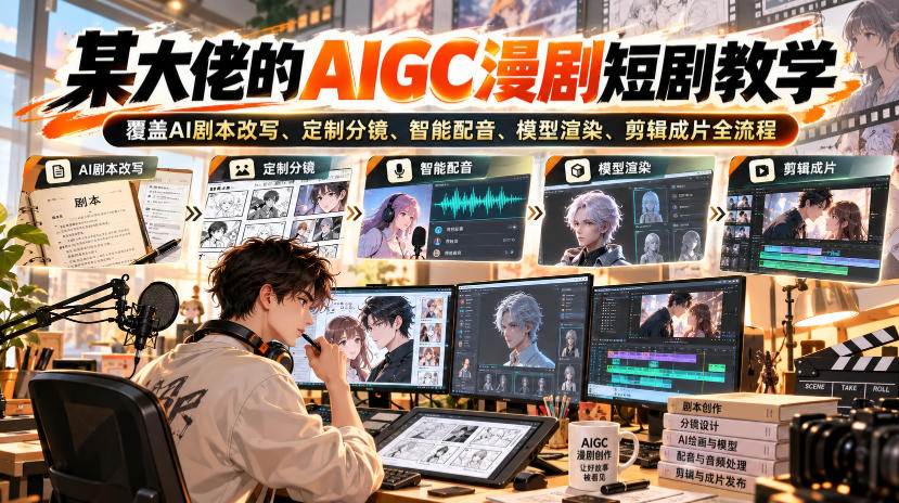 某大佬的AIGC漫剧短剧教学,覆盖AI剧本改写、定制分镜、智能配音、模型渲染、剪辑成片全流程-站长V课
