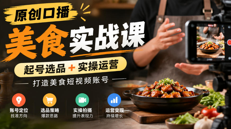 原创口播美食实战课,起号选品+实操运营,打造美食短视频账号-站长V课