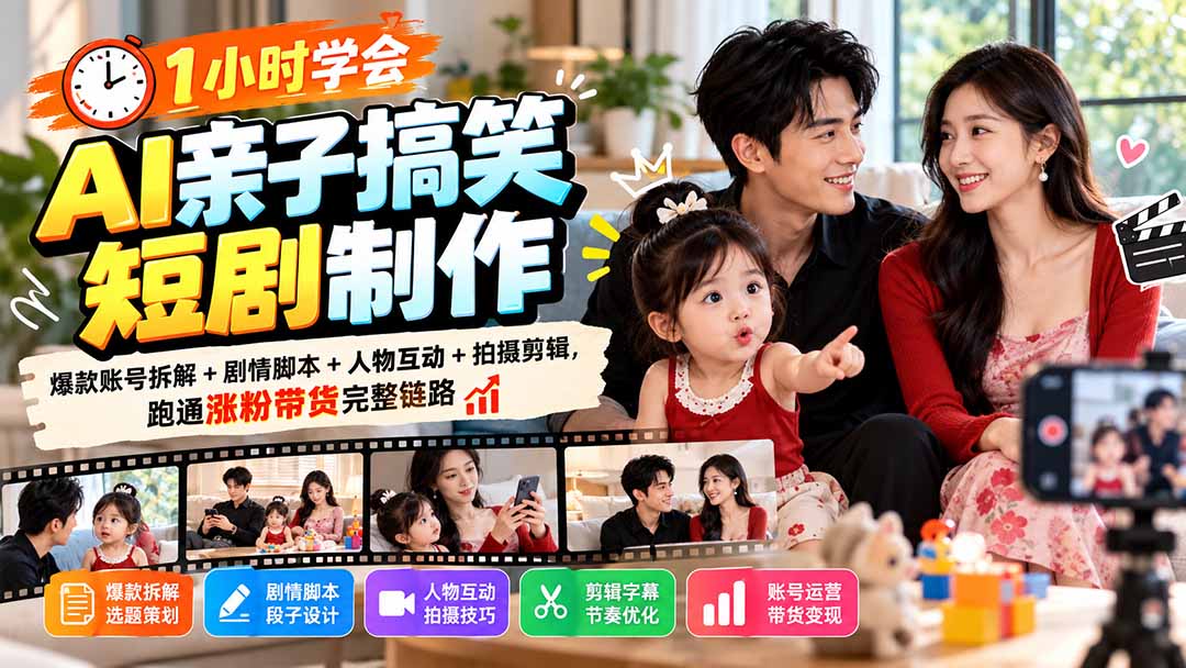 1小时学会AI亲子搞笑短剧制作:爆款账号拆解+剧情脚本+人物互动+拍摄剪辑,跑通涨粉带货完整链路-站长V课