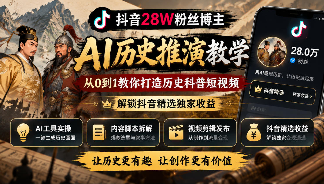 抖音28W粉丝博主的AI历史推演教学,从0到1教你打造历史科普短视频,解锁抖音精选独家收益-站长V课