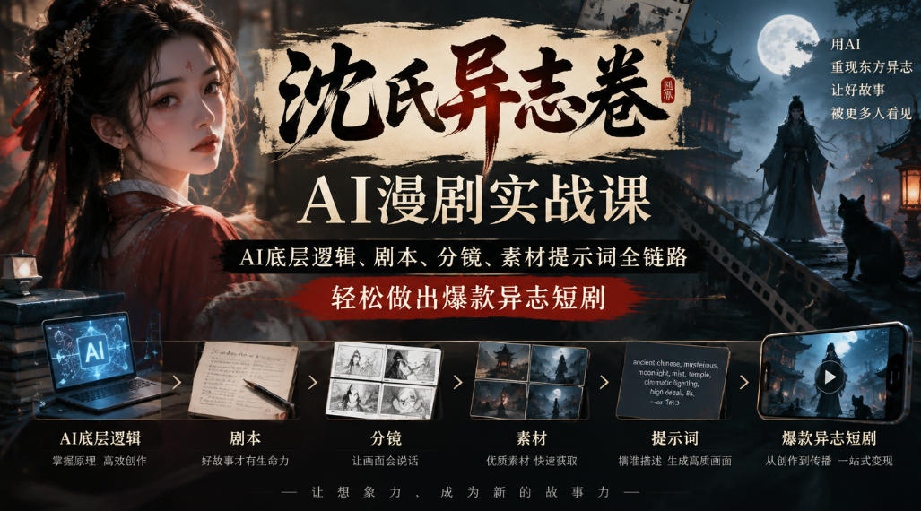 沈氏异志卷AI漫剧实战课｜AI底层逻辑、剧本、分镜、素材提示词全链路，轻松做出爆款异志短剧-站长V课