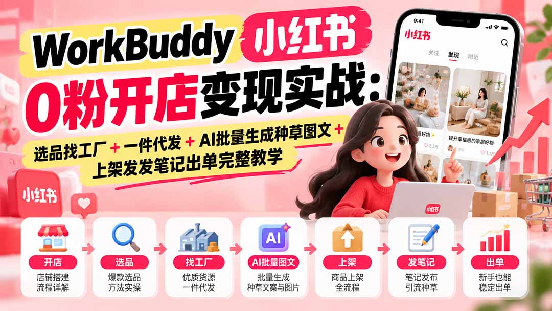 WorkBuddy小红书0粉开店变现实战：选品找工厂+一件代发+AI批量生成种草图文+上架发发笔记出单完整教学-站长V课