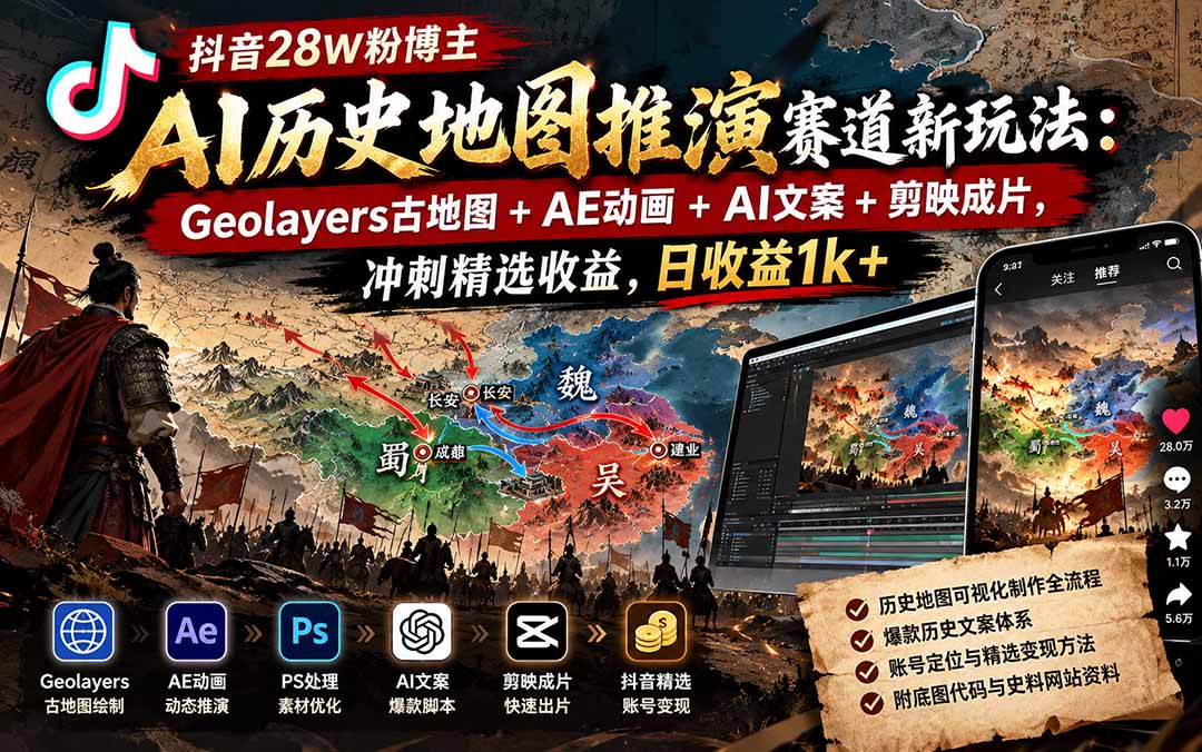 抖音28W粉博主AI历史地图推演赛道新玩法:Geolayers古地图+AE动画+AI文案+剪映成片,冲刺精选收益,日收益1k+-站长V课
