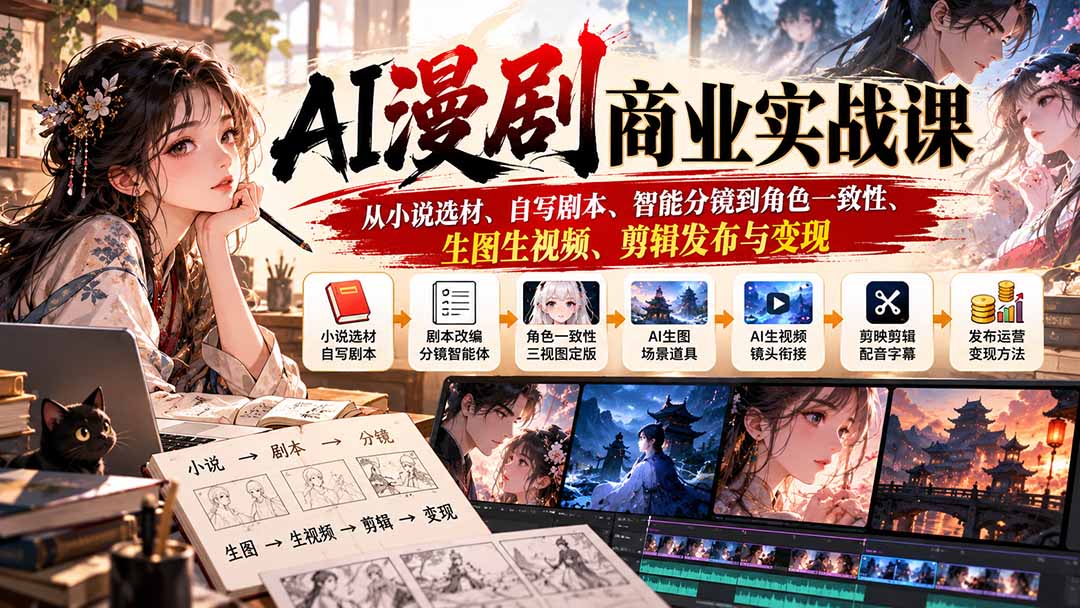 AI漫剧商业实战课:从小说选材、自写剧本、智能分镜到角色一致性、生图生视频、剪辑发布与变现-站长V课
