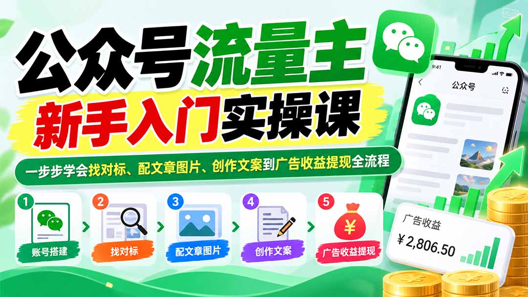 公众号流量主新手入门实操课:一步步学会找对标、配文章图片、创作文案到广告收益提现全流程-站长V课