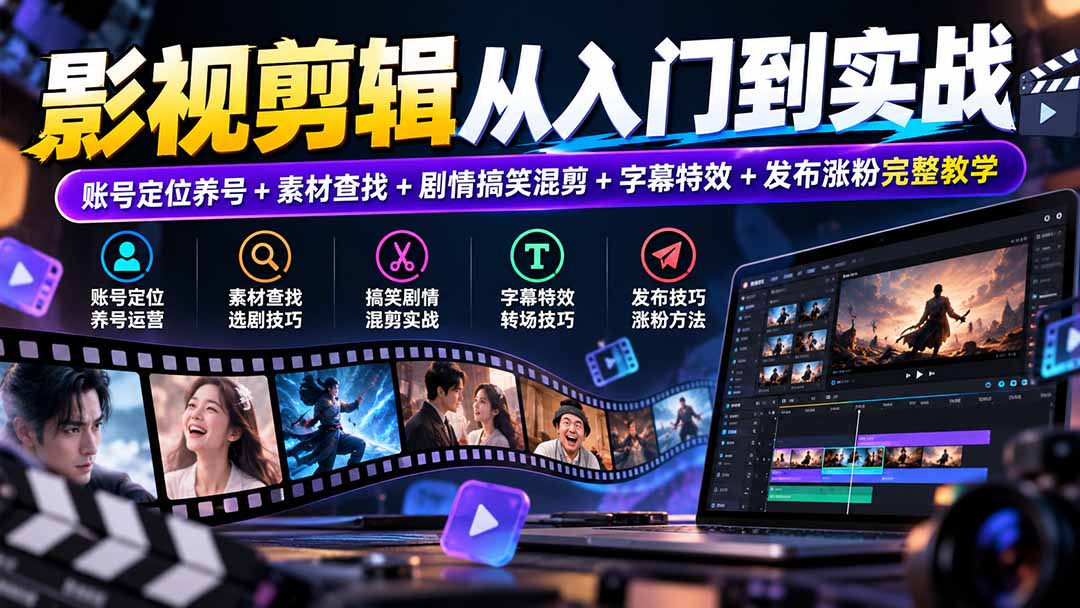 影视剪辑从入门到实战:账号定位养号+素材查找+剧情搞笑混剪+字幕特效+发布涨粉完整教学-站长V课