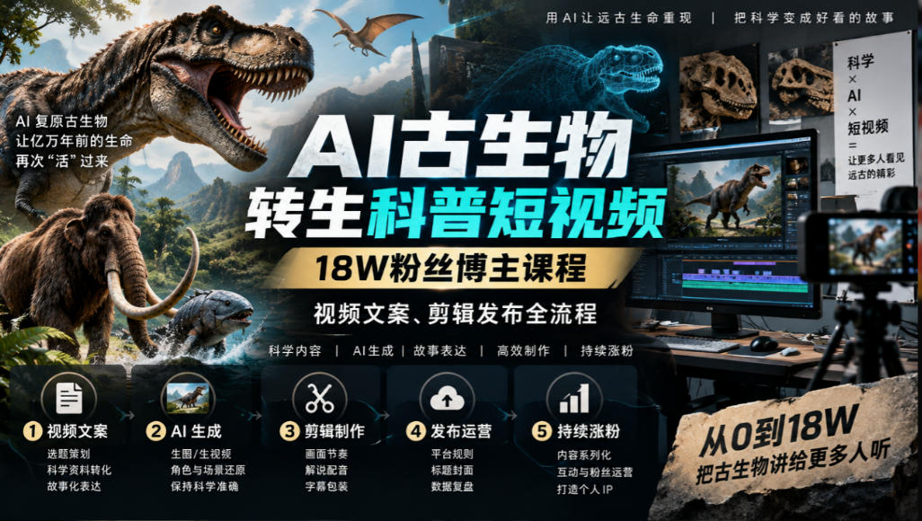 AI古生物转生科普短视频,18W粉丝博主课程,视频文案、剪辑发布全流程-站长V课