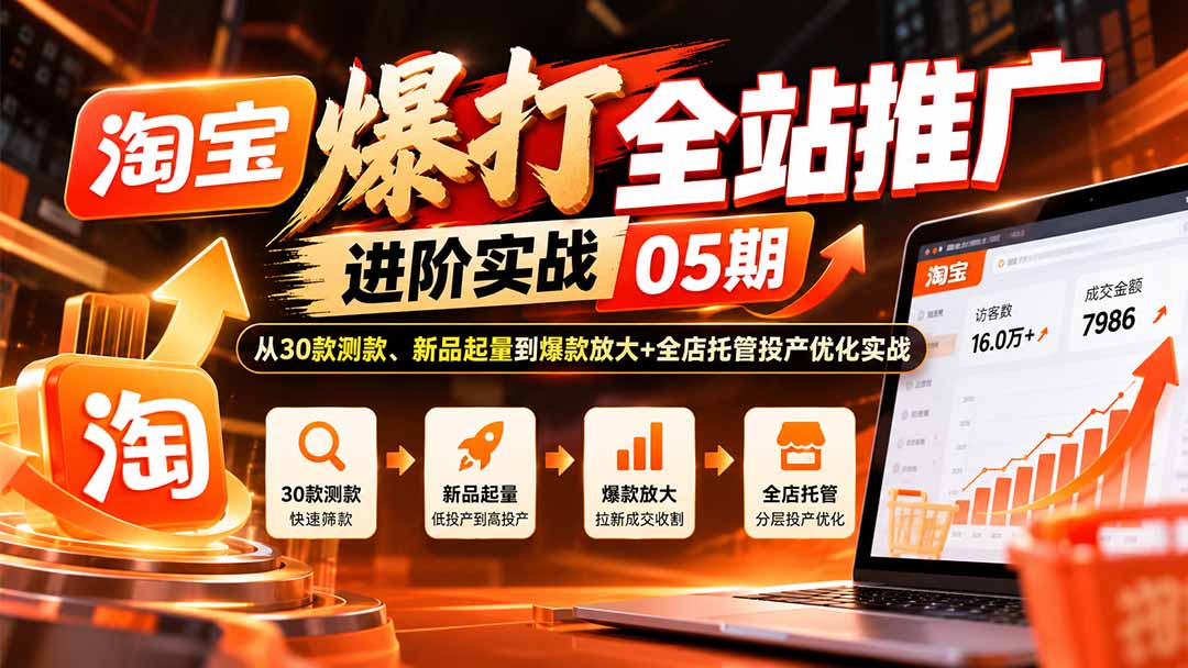 淘宝爆打全站推广进阶实战05期：从30款测款、新品起量到爆款放大+全店托管投产优化实战-站长V课