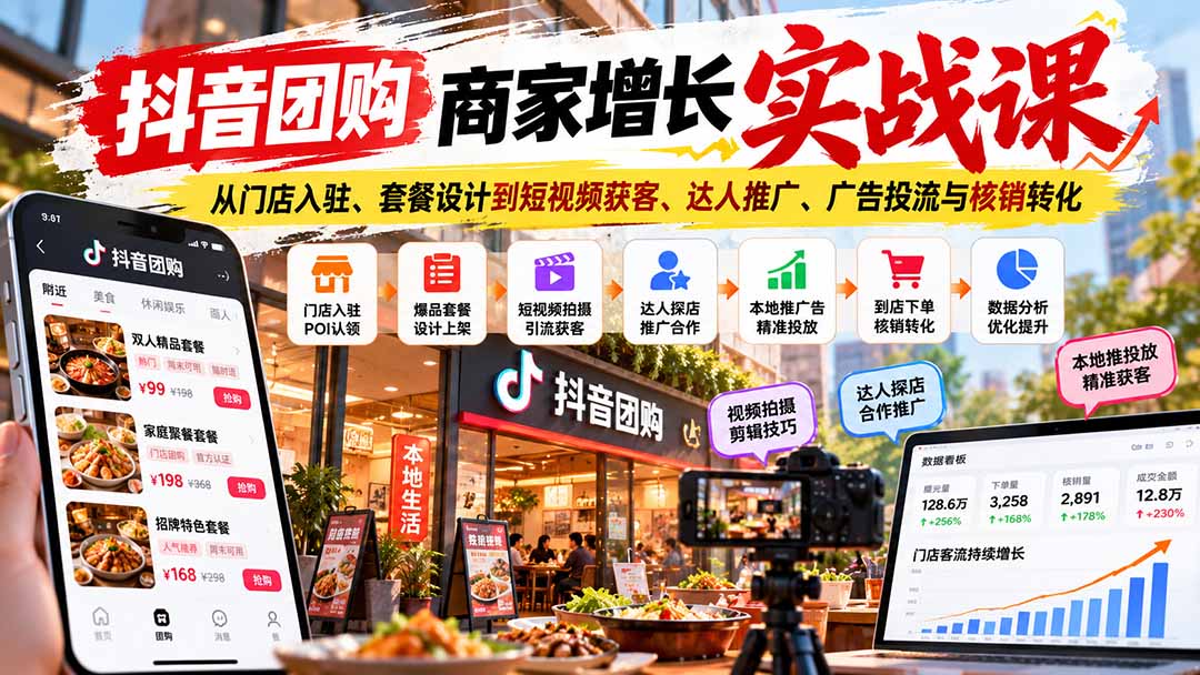 抖音团购商家增长实战课:从门店入驻、套餐设计到短视频获客、达人推广、广告投流与核销转化-站长V课