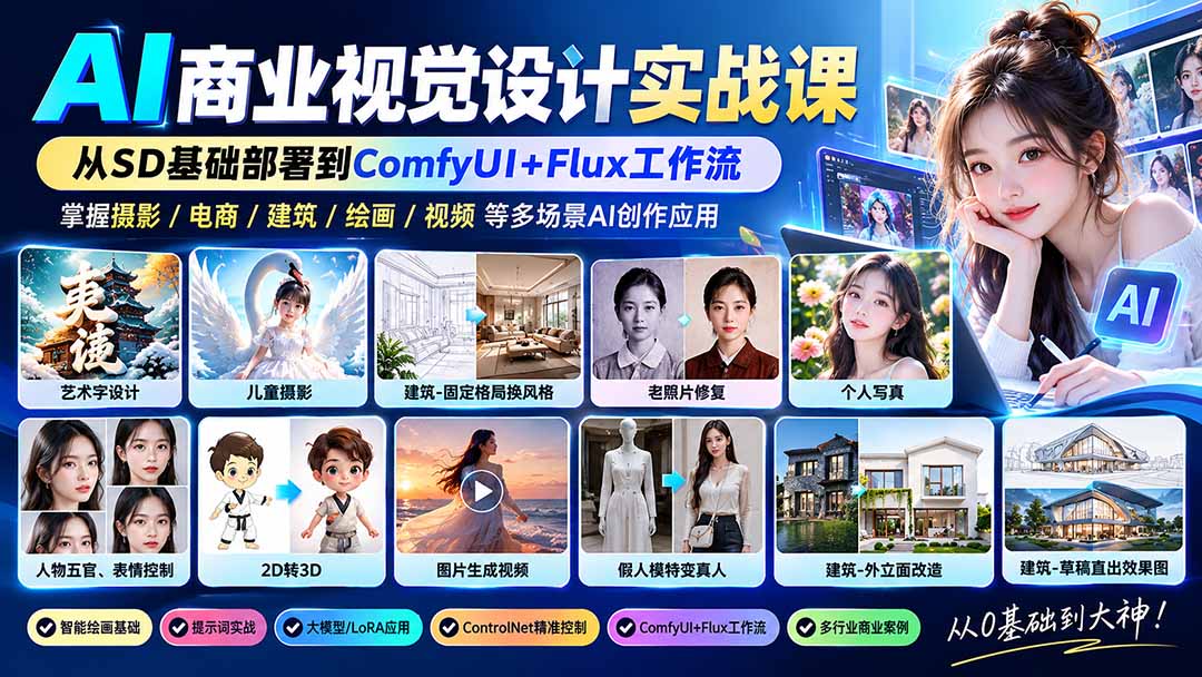 【无水印】AI商业视觉设计实战课：从SD基础部署到ComfyUI+Flux工作流，掌握摄影电商建筑AI创作-站长V课