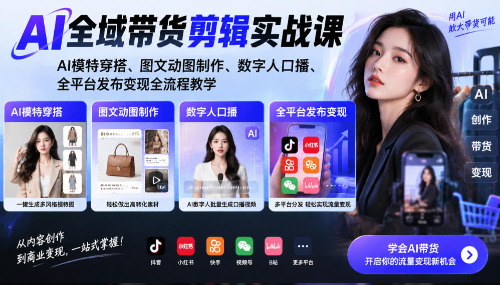 AI全域带货剪辑实战课|AI模特穿搭、图文动图制作、数字人口播、全平台发布变现全流程教学-站长V课