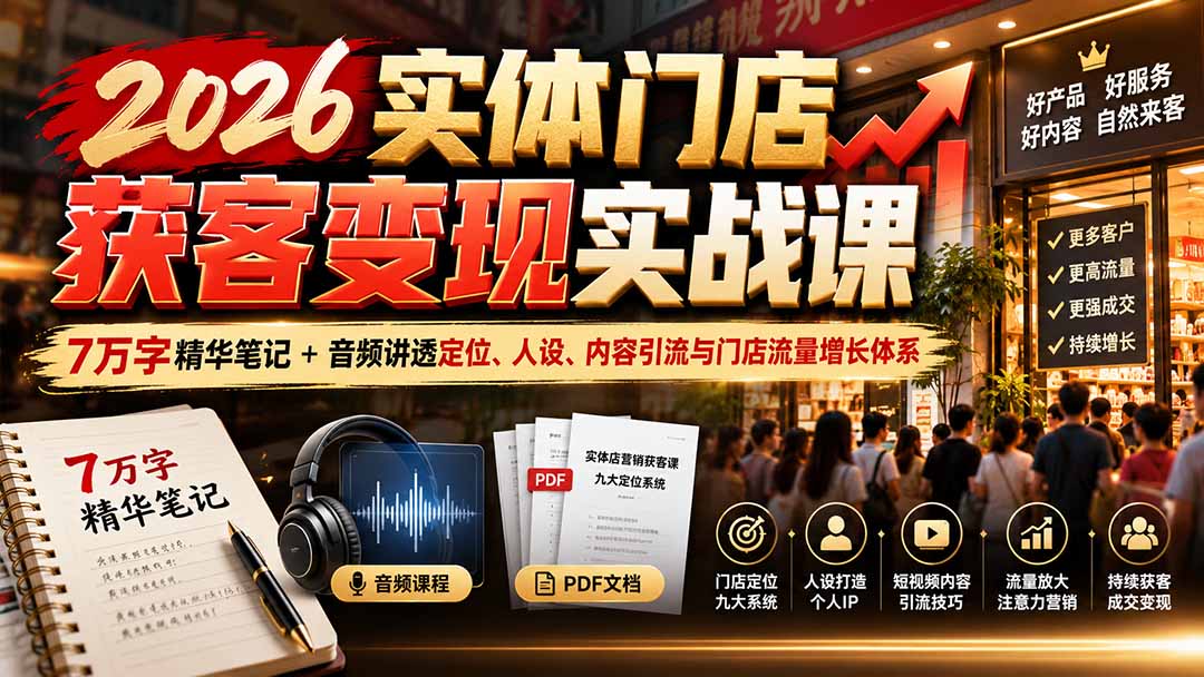 2026实体门店获客变现实战课:7万字精华笔记+音频讲透定位、人设、内容引流与门店流量增长体系-站长V课