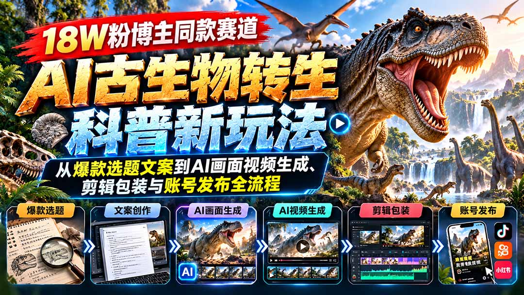 18W粉博主同款赛道-AI古生物转生科普新玩法:从爆款选题文案到AI画面视频生成、剪辑包装与账号发布全流程-站长V课