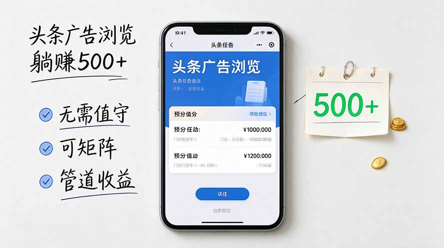 头条广告浏览躺赚500+无需值守，可矩阵并附有管道收益-站长V课