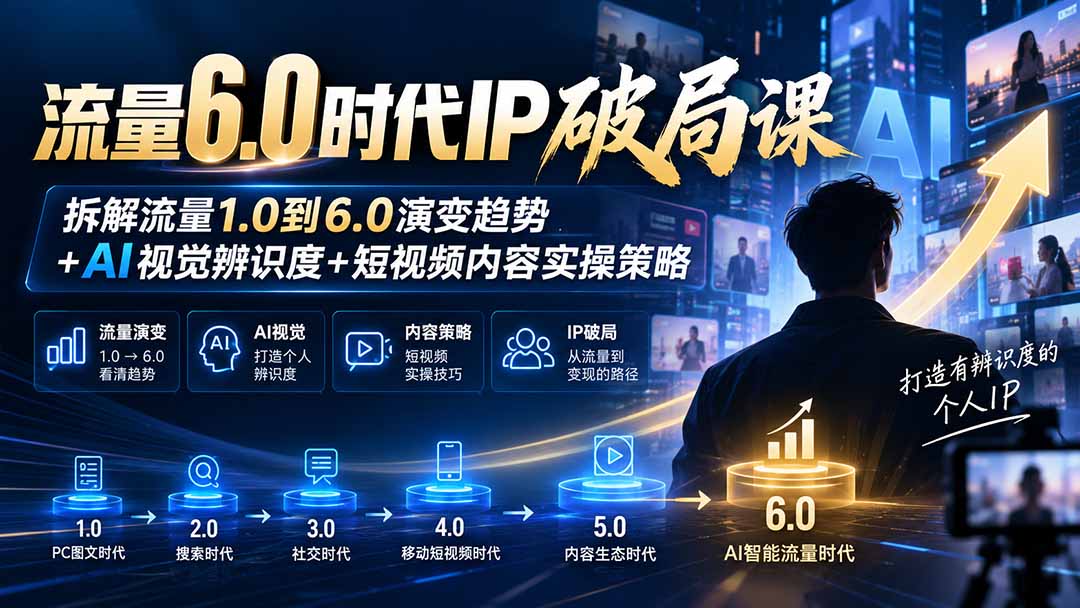 流量6.0时代IP破局课:拆解流量1.0到6.0演变趋势+AI视觉辨识度+短视频内容实操策略-站长V课