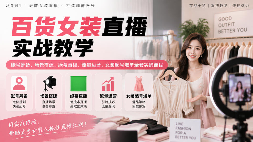 百货女装直播实战教学|账号筹备、场景搭建、绿幕直播、流量运营、女装起号爆单全套实操课程-站长V课
