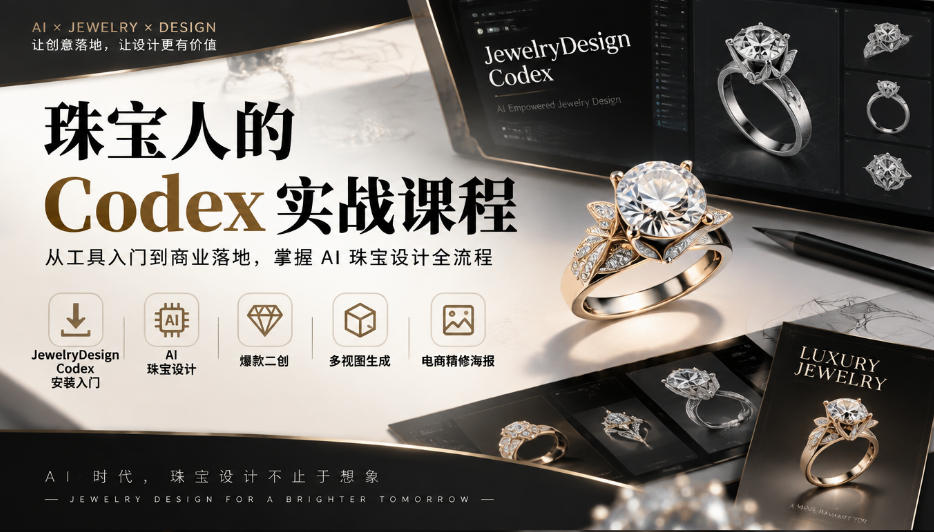 珠宝人的Codex实战课程|JewelryDesign Codex安装入门、AI珠宝设计、爆款二创、多视图生成、电商精修海报全链路教学