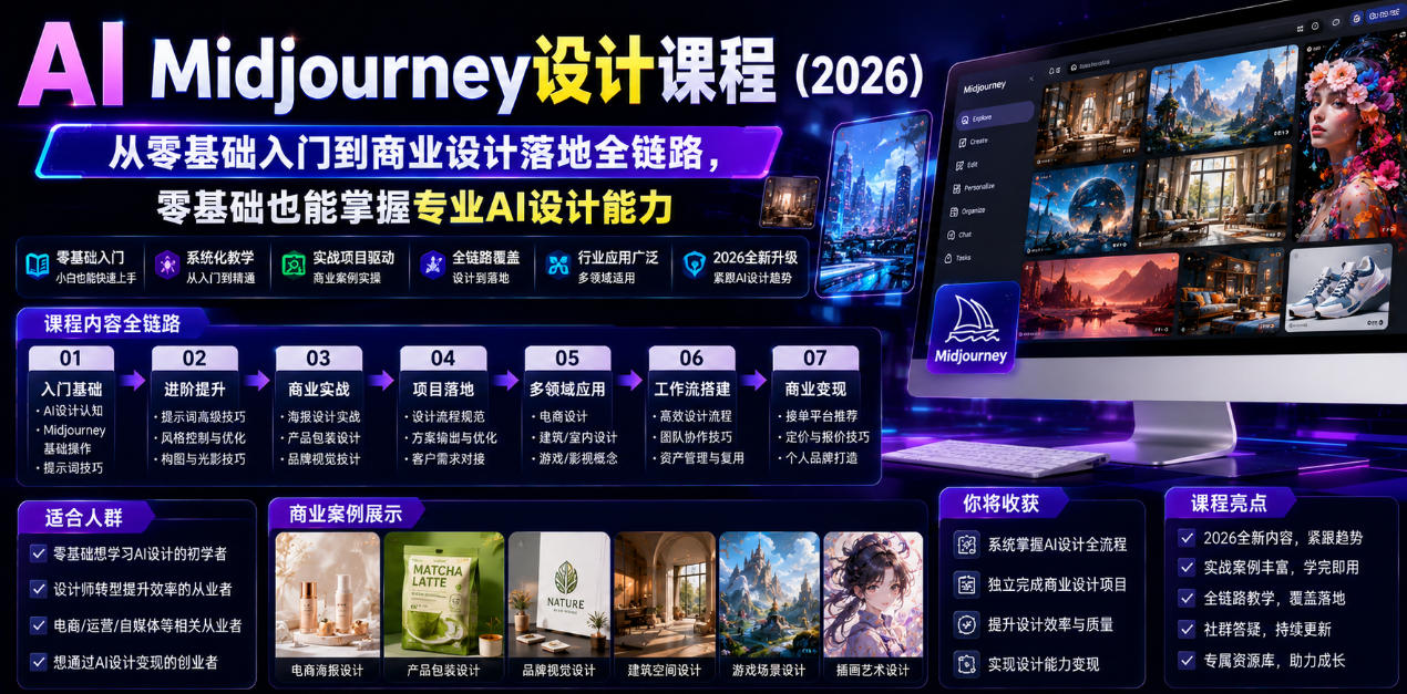 AI Midjourney设计课程(2026)，从零基础入门到商业设计落地全链路，零基础也能掌握专业AI设计能力(更新1007)-站长V课