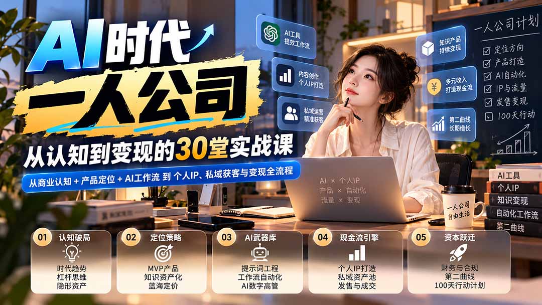 【无水印】AI时代一人公司30堂实战课：从商业认知+产品定位+AI工作流到个人IP、私域获客与变现全流程-站长V课