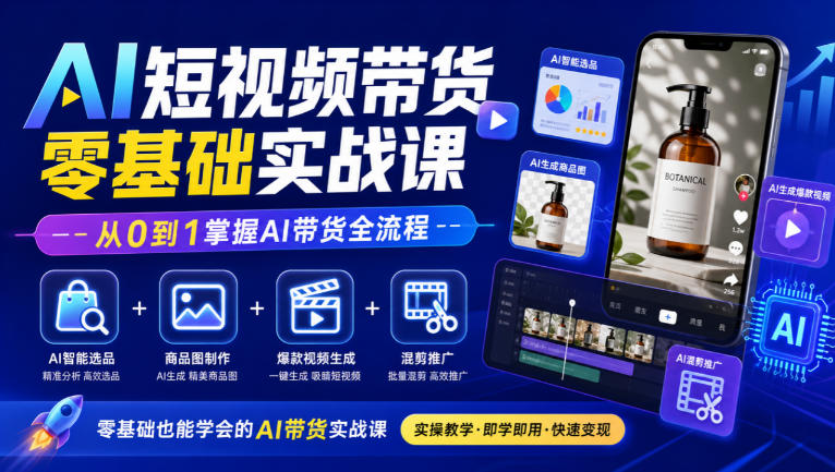 AI短视频带货零基础实战课|AI智能选品+商品图制作+爆款视频生成+混剪推广,从0到1掌握AI带货全流程-站长V课