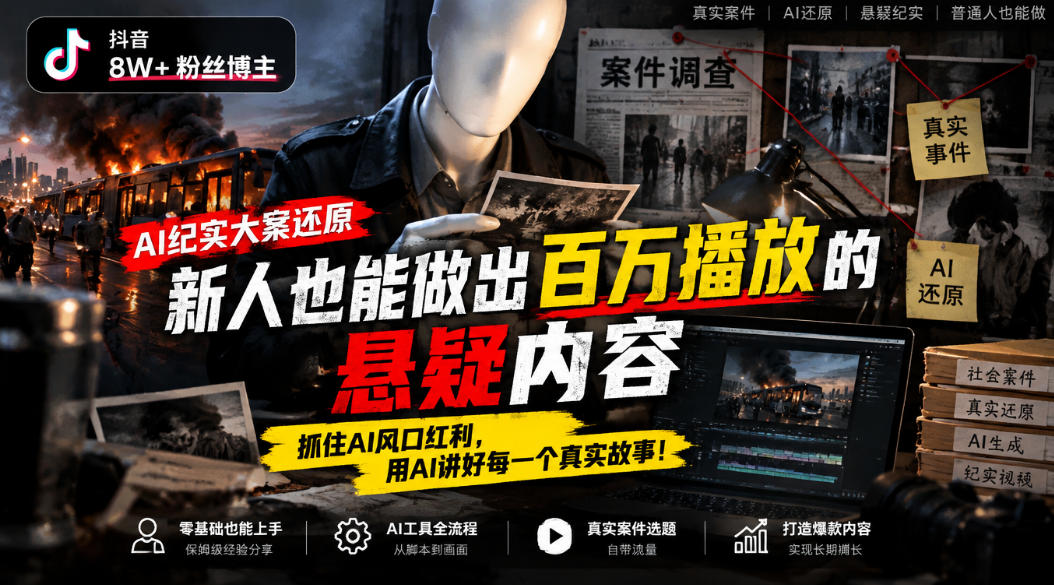 抖音8W粉丝博主的AI纪实大案还原教学,新人也能做出百W播放的悬疑内容,抓住AI风口红利,用AI讲好每一个真实故事-站长V课