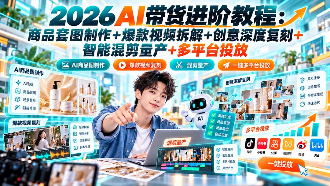2026AI带货进阶教程:商品套图制作+爆款视频拆解+创意深度复刻+智能混剪量产+多平台投放-站长V课