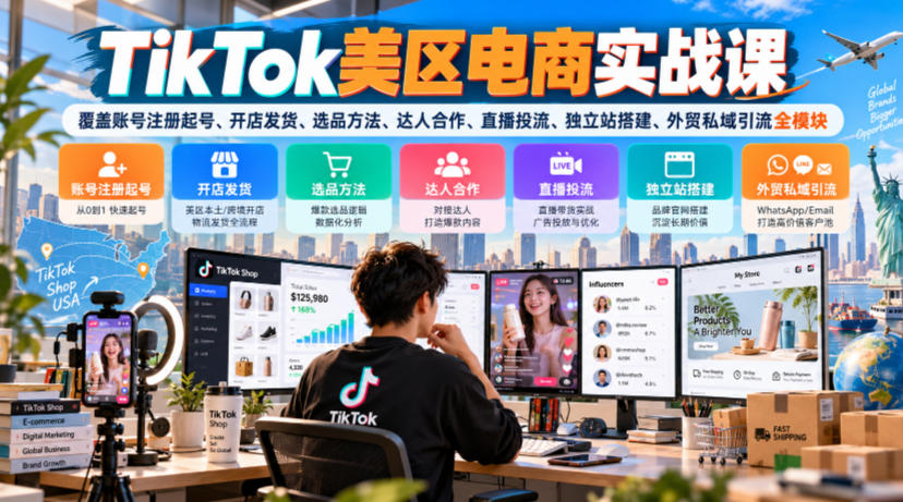 TikTok美区电商实战课,覆盖账号注册起号、开店发货、选品方法、达人合作、直播投流、独立站搭建、外贸私域引流全模块-站长V课
