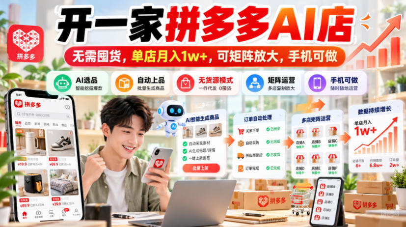 开一家拼多多AI店，无需囤货，单店月入1w+，可矩阵放大，手机可做【揭秘】-站长V课