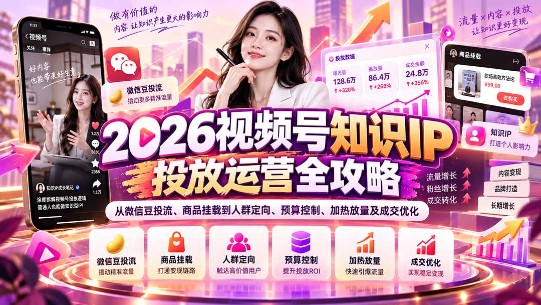 2026视频号知识IP投放运营全攻略：从微信豆投流、商品挂载到人群定向、预算控制、加热放量及成交优化-站长V课