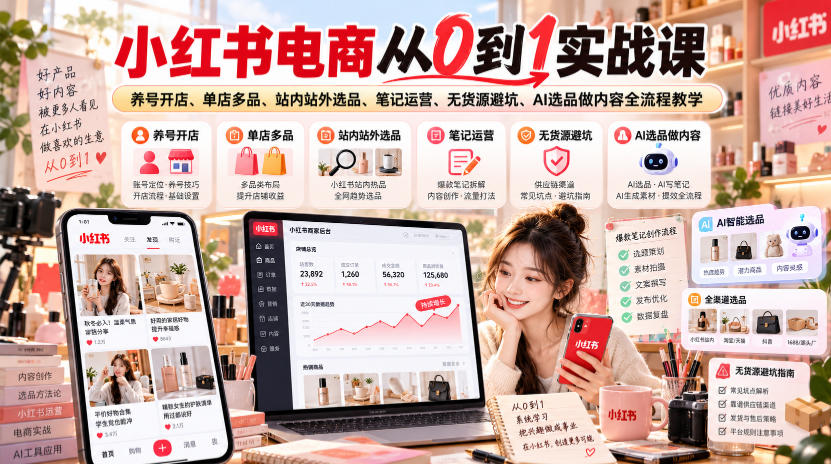 小红书电商从0到1实战课｜养号开店、单店多品、站内站外选品、笔记运营、无货源避坑、AI选品做内容全流程教学-站长V课