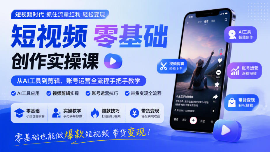 短视频零基础创作实操课,从AI工具到剪辑、账号运营全流程手把手教学,零基础也能做爆款短视频带货变现-站长V课