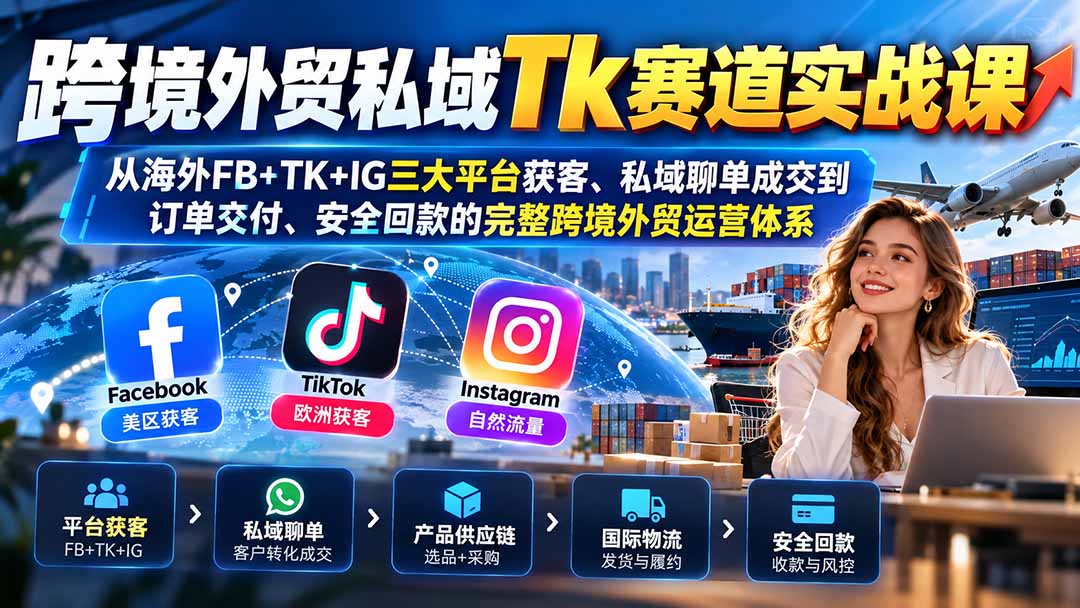 跨境外贸私域Tk赛道实战课:从海外FB+TK+IG三大平台获客、私域聊单成交到订单交付、安全回款的完整跨境外贸运营体系-站长V课