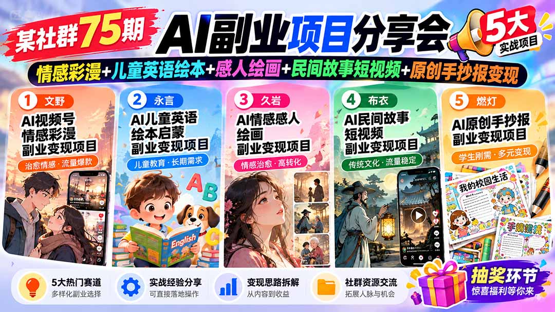 某社群75期AI副业项目分享会：情感彩漫+儿童英语绘本+感人绘画+民间故事短视频+原创手抄报变现-站长V课