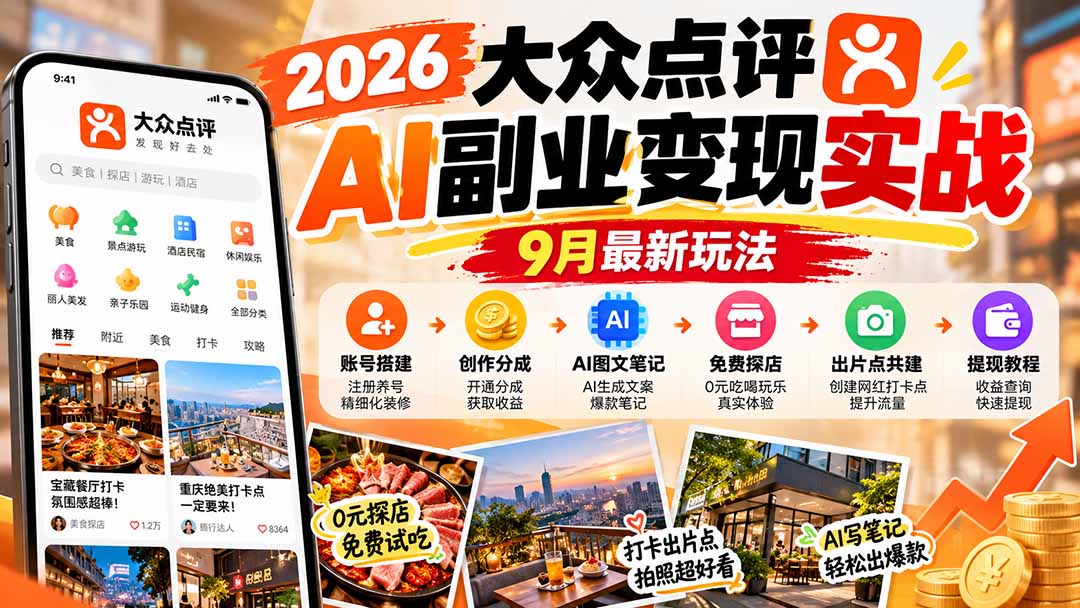 2026大众点评AI副业变现实战9月最新玩法:账号搭建+创作分成+AI图文笔记+免费探店+出片点共建与提现教程-站长V课