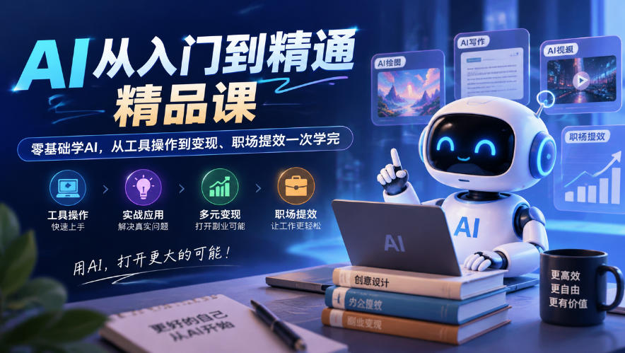 AI从入门到精通精品课，零基础学AI，从工具操作到变现、职场提效一次学完-站长V课