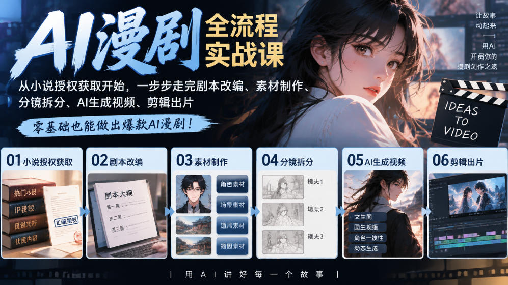 AI漫剧全流程实战课|从小说授权获取开始,一步步走完剧本改编、素材制作、分镜拆分、AI生成视频、剪辑出片全流程-站长V课