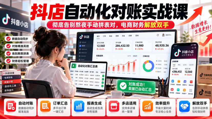 抖店自动化对账实战课,彻底告别熬夜手动拼表对,账电商财务解放双手-站长V课