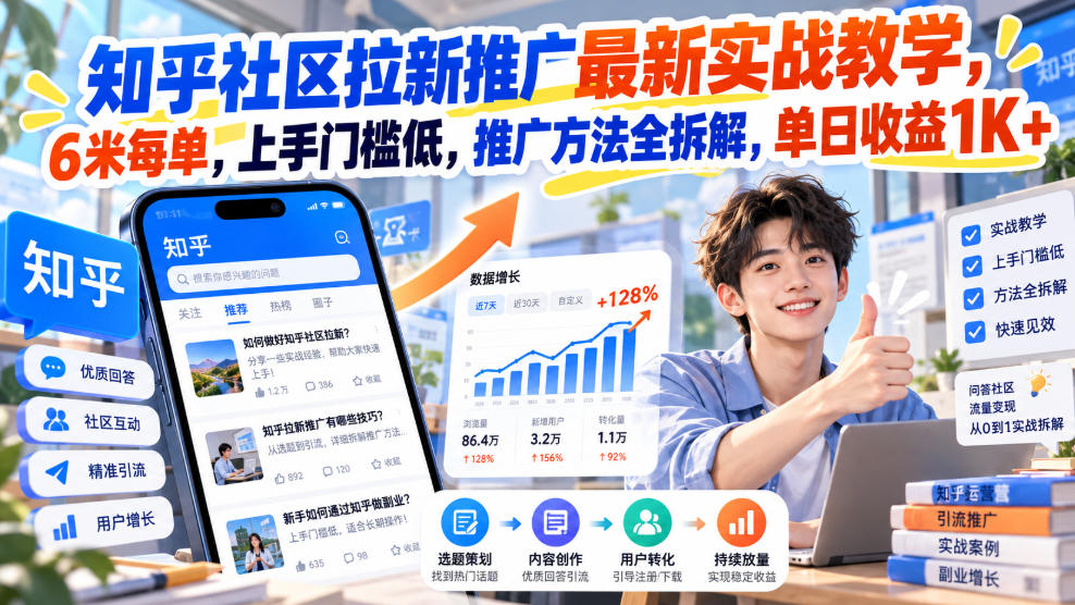 知乎社区拉新推广最新实战教学，6米每单，上手门槛低，推广方法全拆解，单日收益1K+！(更新1010)-站长V课